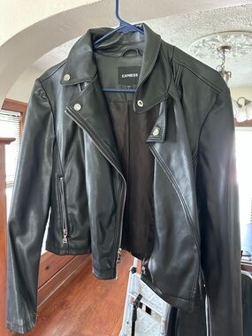 Express Black Faux Leather Jacket with Moto Details